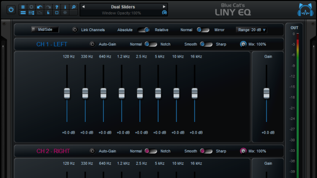 Blue Cat's Liny EQ - Fader style interface, analyzers off.