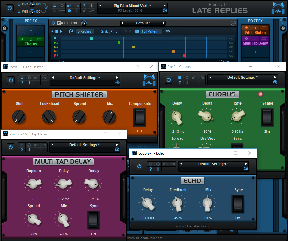 Blue Cat's Late Replies - The plug-in includes 25 built-in premium audio plug-ins that can be inserted anywhere in the signal path.