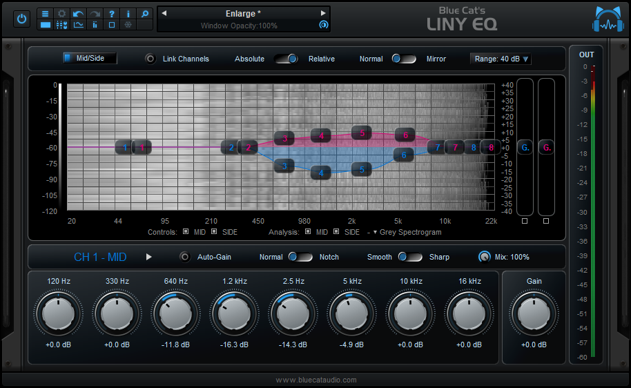 Blue Cat's Liny EQ - Selecting a greyscale spectrogram, with simultaneous dual channels display and control.