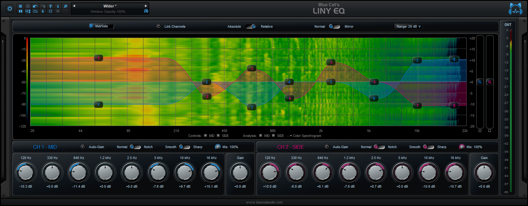Blue Cat's Liny EQ - For maximum precision when used with large screens, the user interface can be widened.