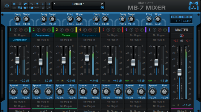 Blue Cat's MB-7 Mixer - Display only what you need: the plug-in can show up as a simple mixing console, each frequency band looking like a track.