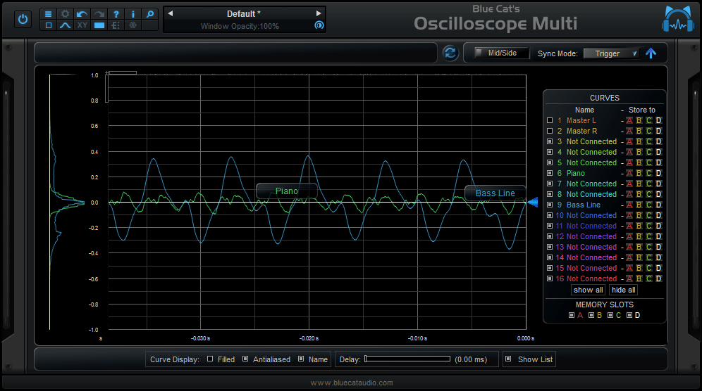 Blue Cat's Oscilloscope Multi - Trigger display mode for easier synchronization and waveform comparison.