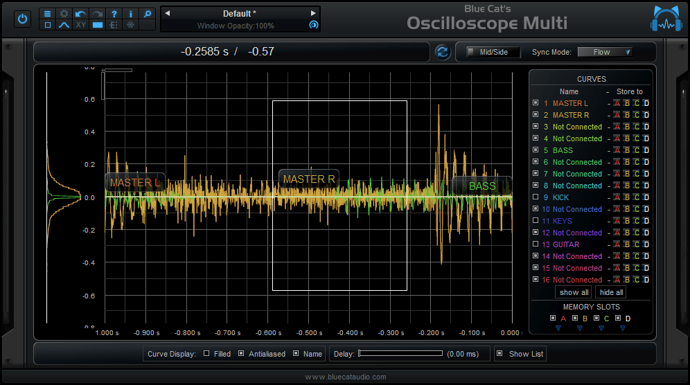 Blue Cat's Oscilloscope Multi - Select an area to zoom the waveform, right click to unzoom completely.